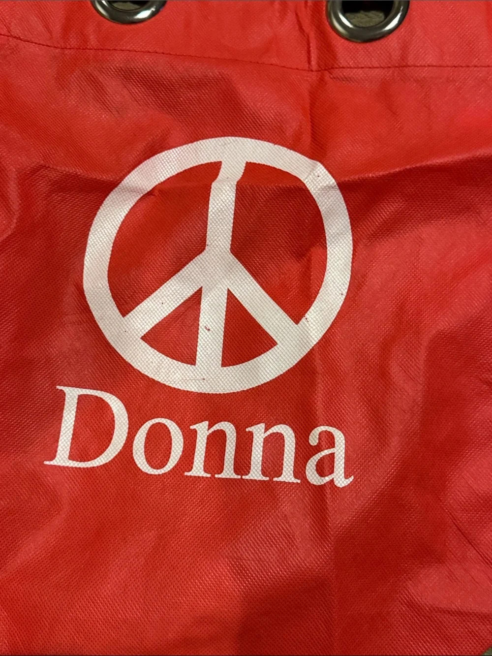 Personalized DONNA Red Tote White Peace Symbol Black-Striped Handles